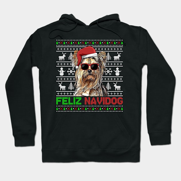 Yorkshire Terrier Dog Feliz Navidog Funny Christmas Hoodie by TheBeardComic